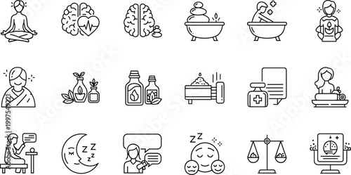 Wellness, Relaxation, and Health Vector Icons Featuring Meditation, Bath, Essential Oils, and Balance for Mindfulness and Self-Care Projects