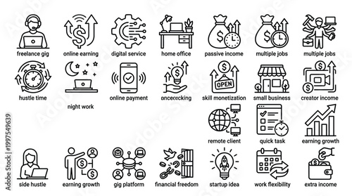 Freelance gig, online earning, digital service, home office, passive income, multiple jobs.