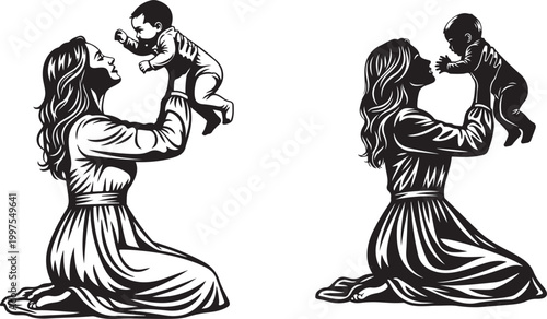Black and white illustration of a woman playfully holding up a baby in the air while kneeling on the ground with a happy expression on her face smiling