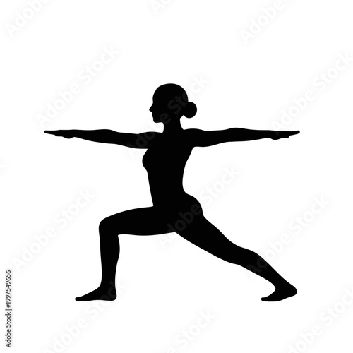 Silhouette of a woman in a yoga pose, stretching arms and legs.