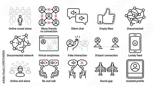 Digital isolation and social media loneliness icon set with linear outline symbols.