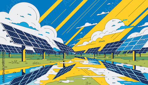 Solar farm with photovoltaic panels reflecting sunlight under a vibrant blue sky with white clouds and yellow sun rays