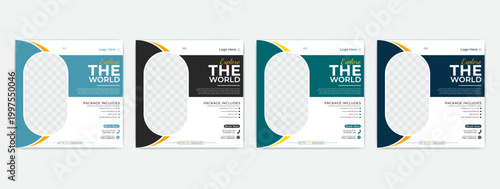 Travel social media post template or holiday tour adventure banner design with 4 colour variation