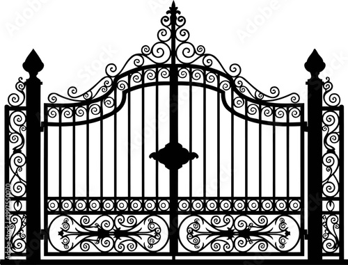 Decorative metal entrance gate with ornate scrolls