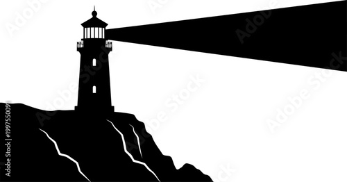 Coastal lighthouse silhouette on a cliff projecting a light beam