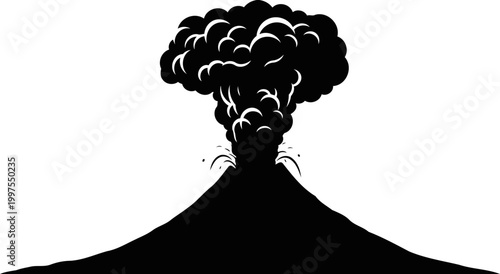 Erupting volcano silhouette with a massive ash plume