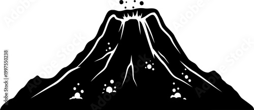 Erupting volcano silhouette spews ash and volcanic rock into the air