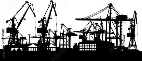 Harbor dockyard silhouette shows numerous industrial shipping cranes