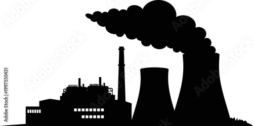 Industrial factory silhouette releases smoke from large cooling towers