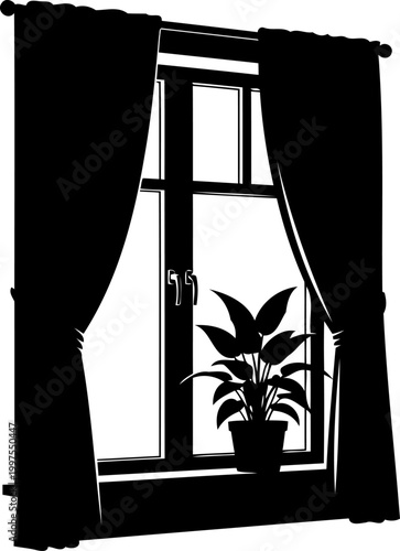 Interior window silhouette with closed curtains and a potted houseplant on the sill