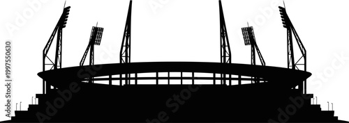Modern sports stadium silhouette features tall floodlights and arena seating