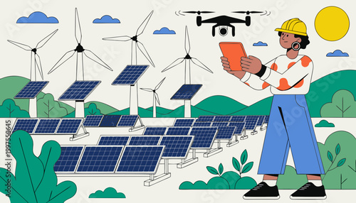 Engineer in hard hat controls drone near solar panels and wind turbines on a sunny day with green landscape