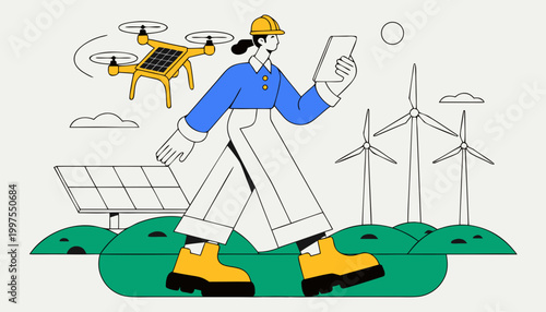 Engineer in hard hat controls drone with tablet near solar panel and wind turbines on green hills