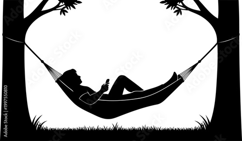 Person relaxing in a hammock between pine trees silhouette