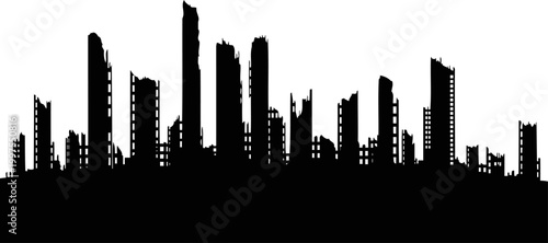 Post-apocalyptic ruined city skyline silhouette with broken buildings