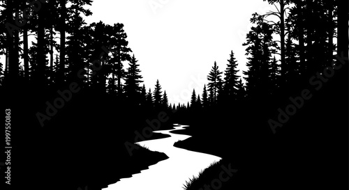 River flowing through a dense coniferous forest landscape