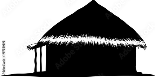 Rustic thatched roof hut silhouette representing traditional rural shelter