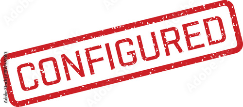 Red textured rubber stamp mark displaying the word CONFIGURED on a clean white surface, signifying setup