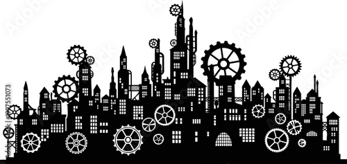 Steampunk industrial cityscape silhouette featuring mechanical gears
