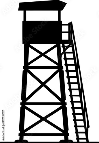 Tall prison guard tower silhouette includes a long security ladder