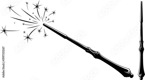 Wizards magic wand silhouette casting a spell with sparkling stars