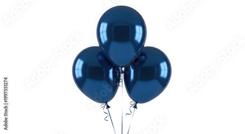 Three shiny dark blue balloons tied together with ribbons isolated on transparent background