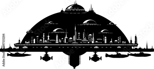 Advanced domed city silhouette floating in space