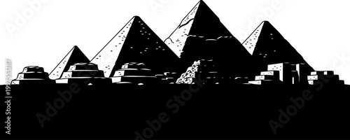 Ancient egyptian pyramids and ruins silhouette in desert landscape