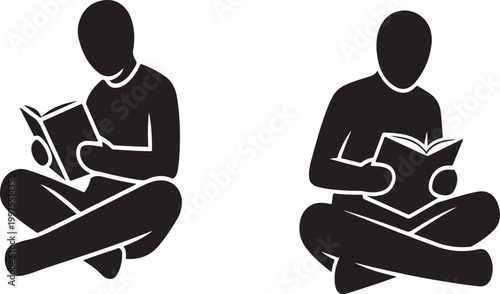 Black silhouette of a person sitting crosslegged reading a book on a white background