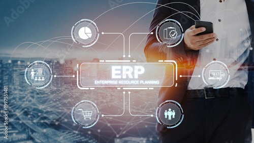 Photography ERP platform visual showing centralized system for enterprise resource planning, improving integration, data flow, business efficiency, finance, inventory, and human resources