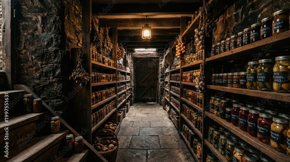 Fototapeta premium Rustic root cellar filled with jars of preserved food and hanging herbs