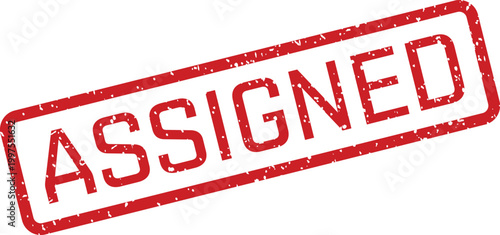 Vibrant red rubber stamp with the word ASSIGNED enclosed in a rectangular frame, set against a pure white setting