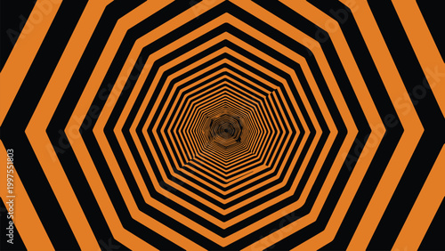 Abstract geometric tunnel illustration with black and orange stripes creating a sense of depth and movement