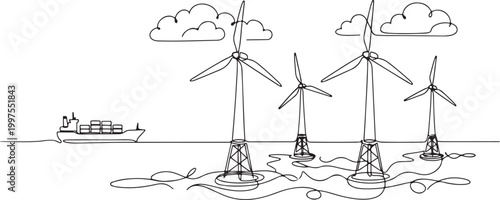 minimal line drawing offshore wind turbines sea renewable energy clean electricity environmental concept illustration