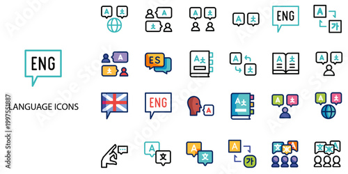 Language simple concept 24 color icons set .Vector illustration.