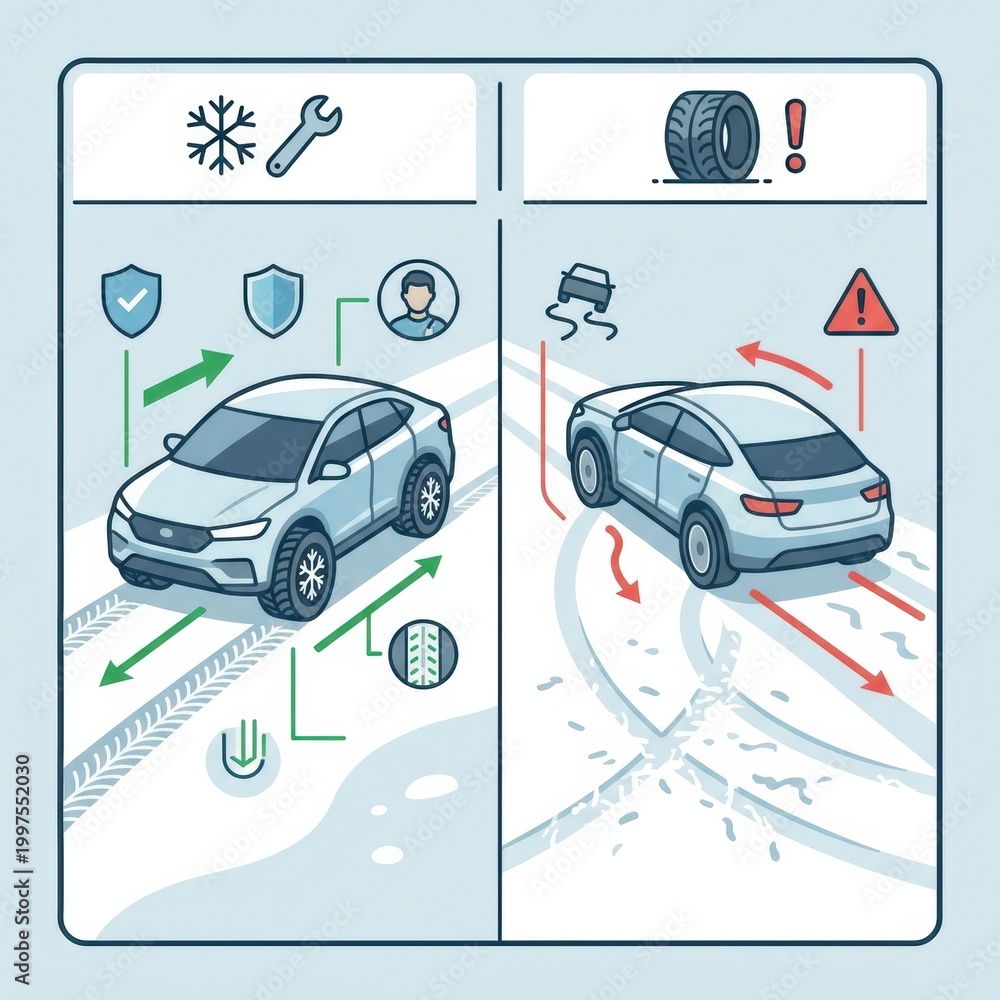 Fototapeta premium Understanding Road and Traffic Safety With Winter Tires Versus Standard Tires During Winter Conditions in a Snowy Environment