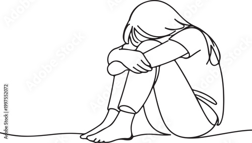 emotional line drawing sad girl sitting floor hiding face depression loneliness mental health illustration