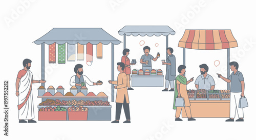 Flat illustration of people shopping and selling food at colorful market stalls with a lively and vibrant mood.