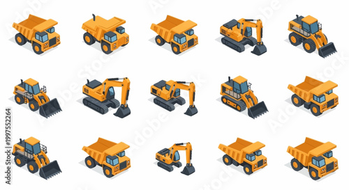 Collection of isometric construction vehicles including dump trucks and excavators on a white background.