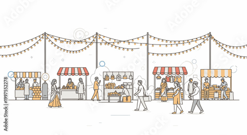Illustration of people shopping and browsing at an outdoor market with vendor stalls and string lights in a lively and festive atmosphere.