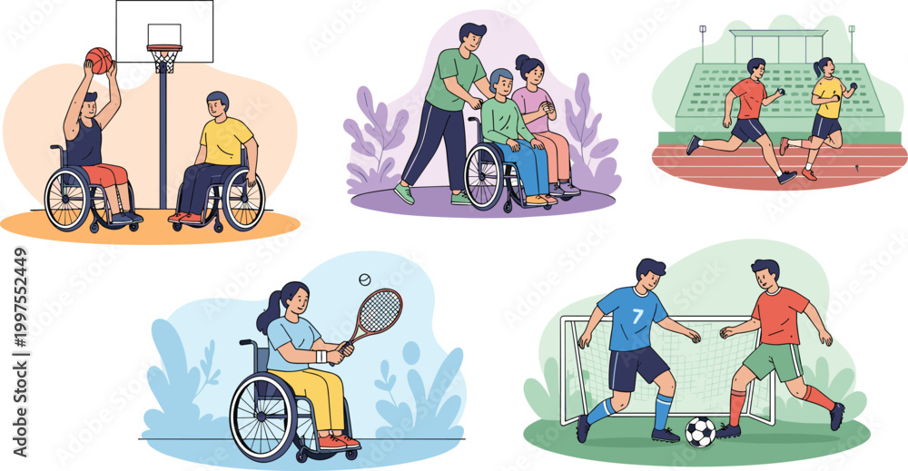 Fototapeta premium Adaptive Sports and Inclusive Activities Collection Featuring Wheelchair Basketball, Tennis, Running and Soccer Flat Vector Illustration Set