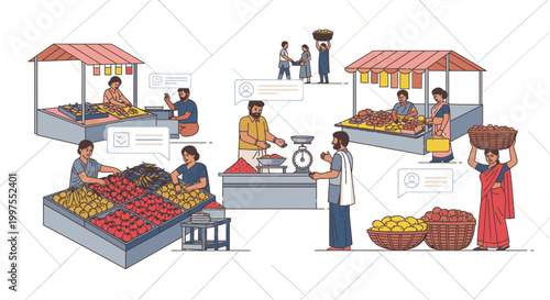 Illustration of people shopping and selling colorful fruits at a vibrant market with stalls and baskets, conveying a lively atmosphere.