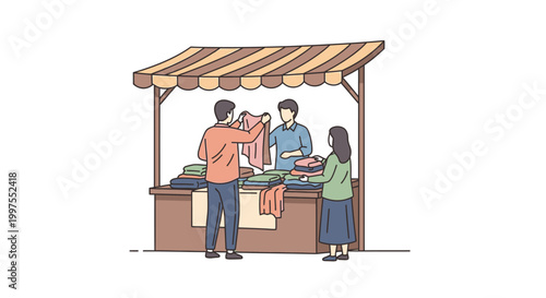 Illustration of people shopping and working at an outdoor market stall with a striped awning and wooden counter.