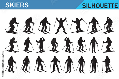 Alpine Skiers Black Silhouette Set for Outdoor Winter Recreation
