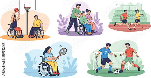 Adaptive Sports and Inclusive Activities Collection Featuring Wheelchair Basketball, Tennis, Running and Soccer Flat Vector Illustration Set