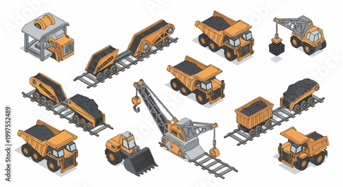 Photos Isometric illustration of various mining and construction vehicles and equipment, including excavators, dump trucks, and cranes, all in a flat design style