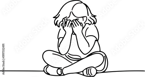 Young girl hiding face while crying line drawing expressing sadness emotional distress mental health awareness and vulnerable moment