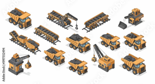Quadro em tela Isometric illustration of various mining vehicles and equipment, including dump trucks, excavators, and conveyor belts, all loaded with coal