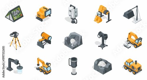 Collection of isometric construction and surveying equipment icons on a white background.