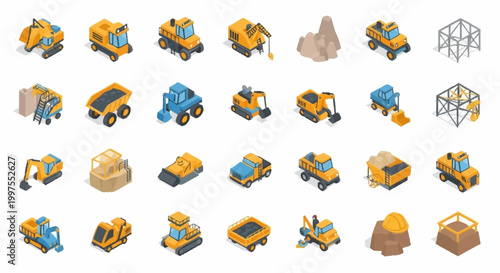Isometric construction vehicles and equipment collection, including excavators, dump trucks, and cranes, with building materials.